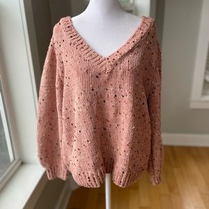 Like Love Peach Pink Multi V Neck Off Shoulder Balloon Sleeve Sweater Sz S NWT